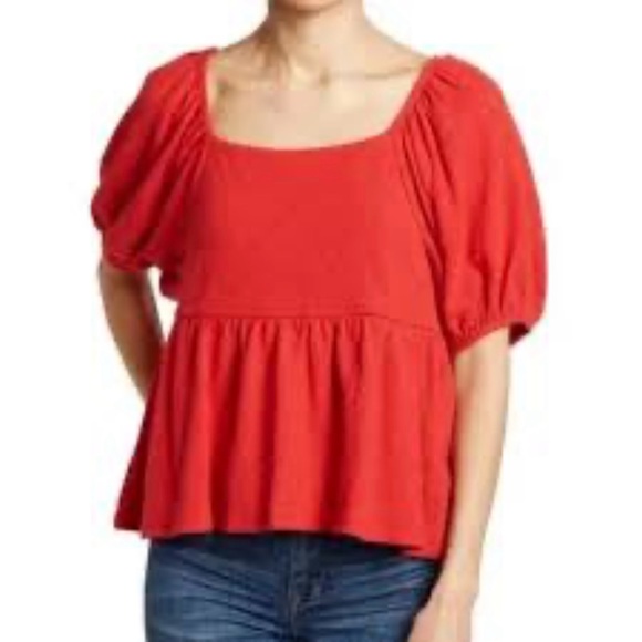 MADEWELL Red Square Neck Puffy Sleeve Babydoll Top | Size Medium - Picture 1 of 11